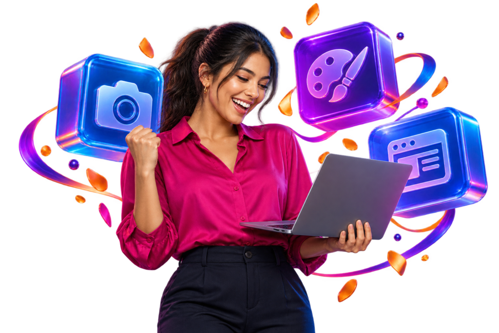 Persona entusiasmada con una computadora y símbolos de servicios creativos.