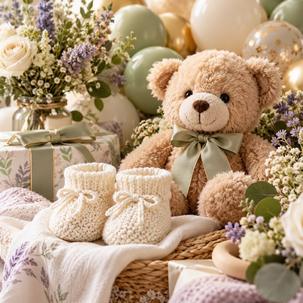 Osito de peluche y zapatitos de bebé con globos y flores para baby shower.