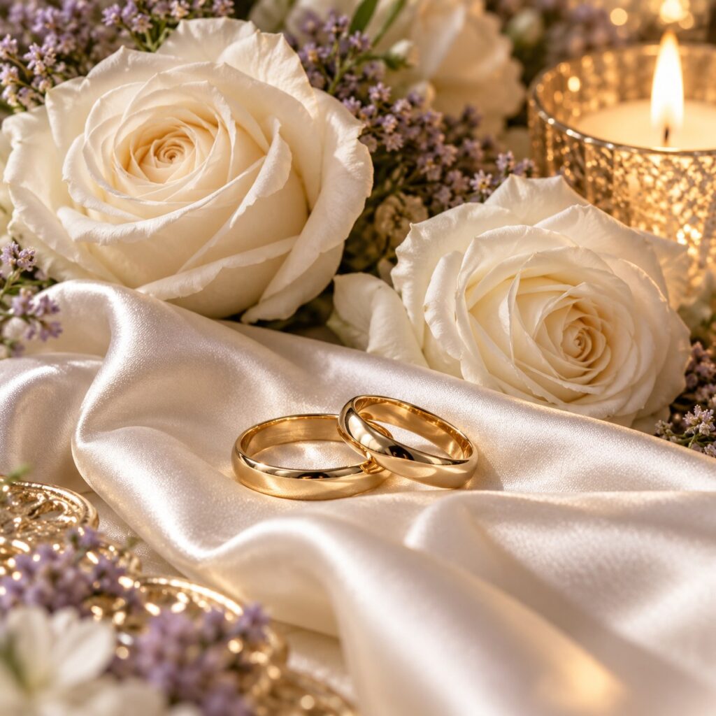 Anillos de boda sobre seda marfil, rosas blancas y luz de velas.