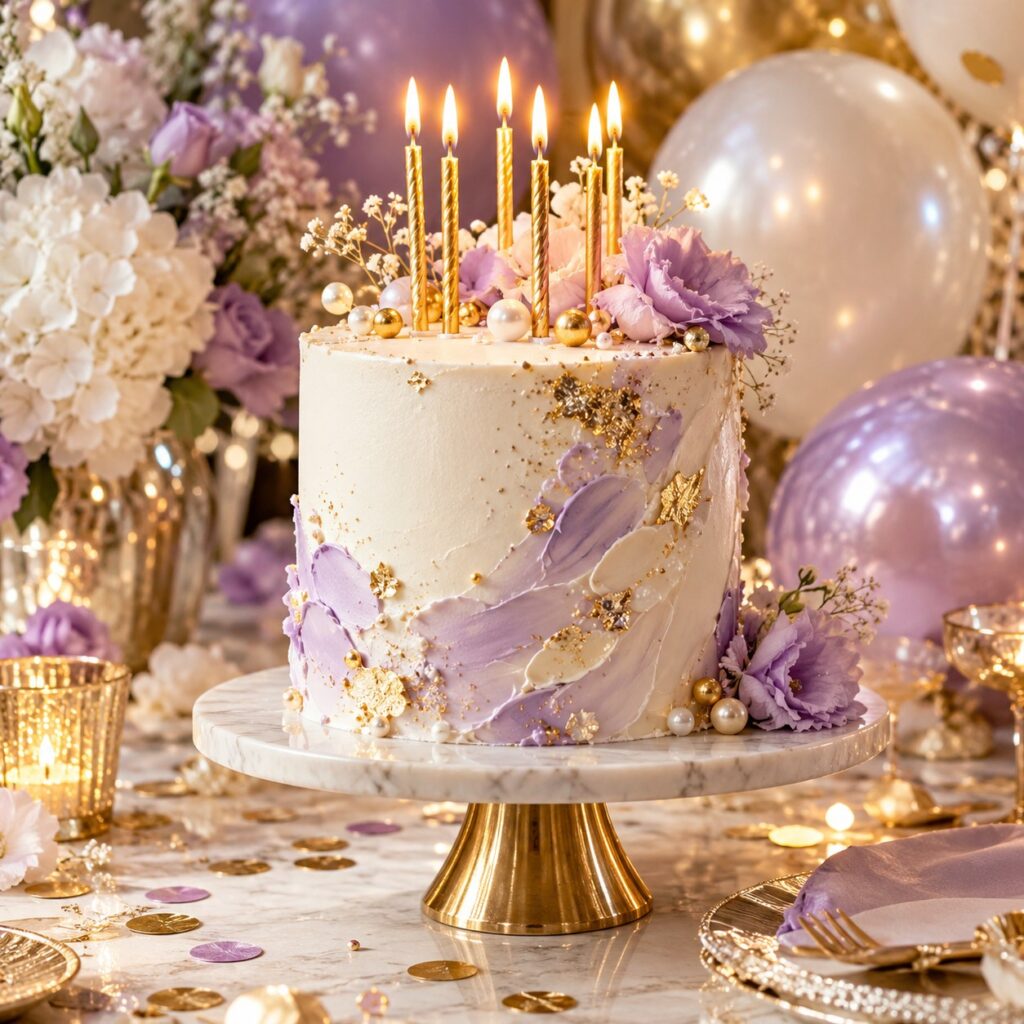 Pastel de cumpleaños con velas doradas, flores y globos en tonos lavanda.