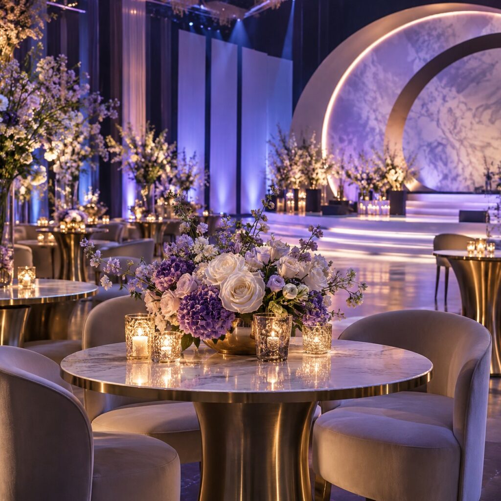 Salón de evento empresarial elegante con iluminación azul y violeta.