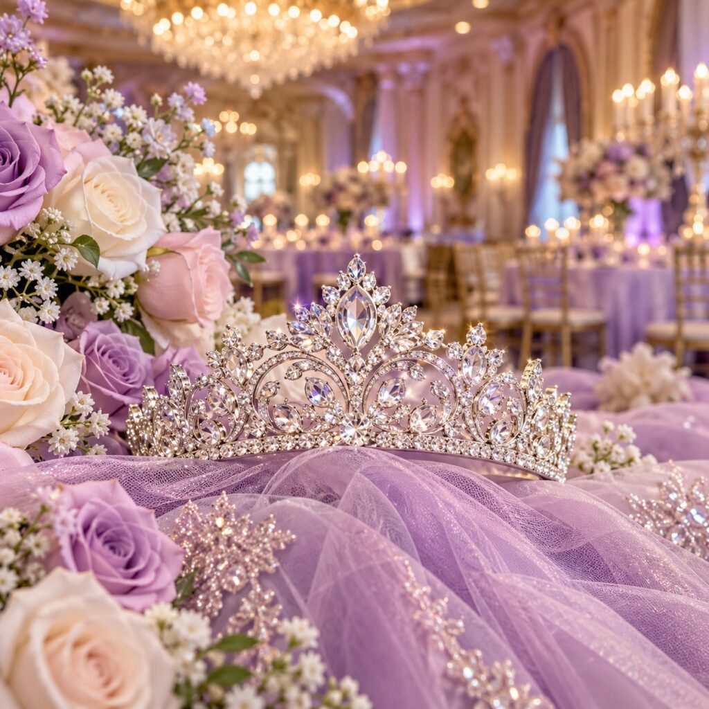 Tiara brillante sobre tul lila con flores, para una celebración de XV años.