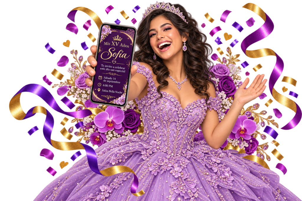 Quinceañera sonriente con vestido lila mostrando una invitación digital de XV años, rodeada de flores y confeti.