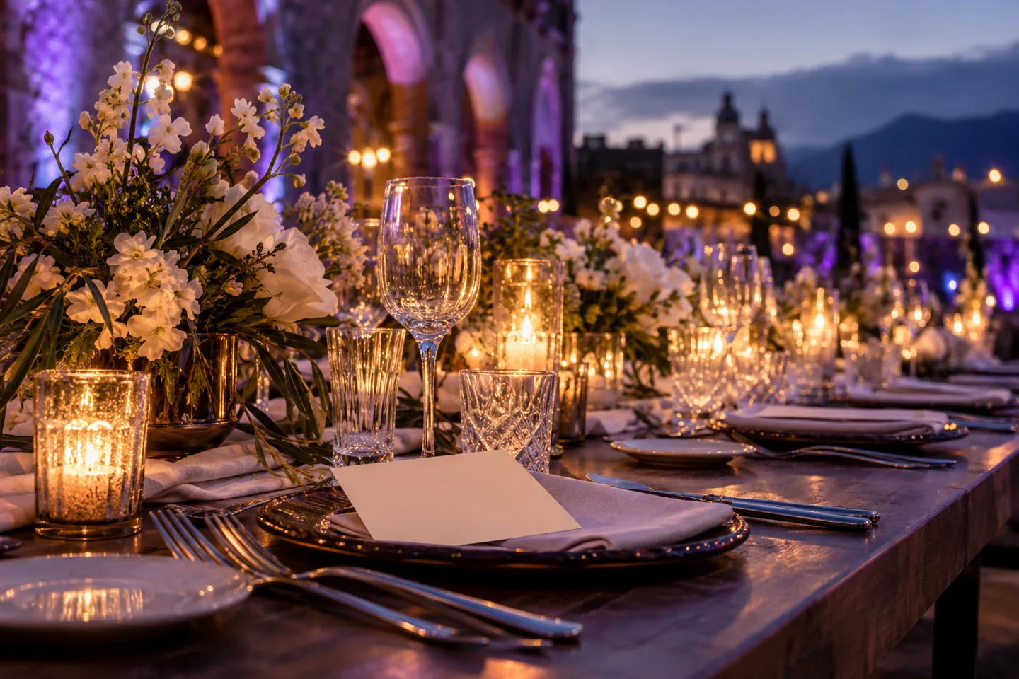Mesa de celebración con flores, velas e invitación sobre un montaje elegante.
