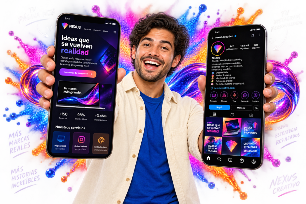 Persona sonriente mostrando dos teléfonos con ejemplos de una página web y un perfil de Instagram, rodeada de colores.