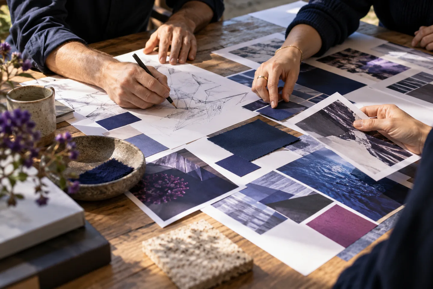 Planificación colaborativa de contenidos con fotografías, bocetos y muestras de color.