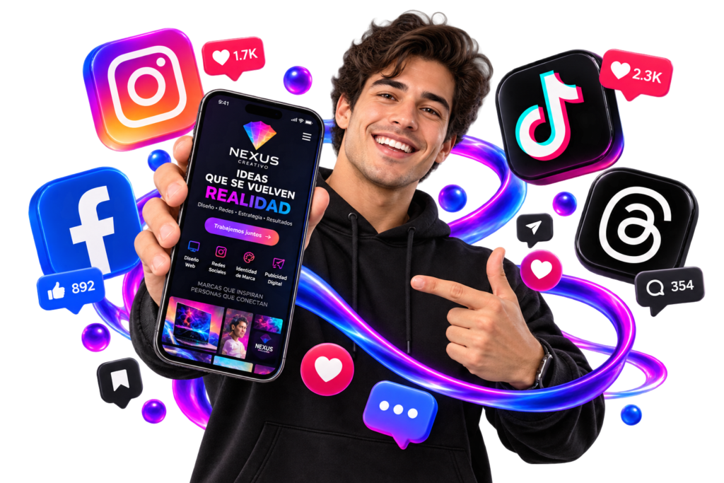 Joven sonriente mostrando un teléfono, rodeado de iconos de redes sociales y elementos de colores.