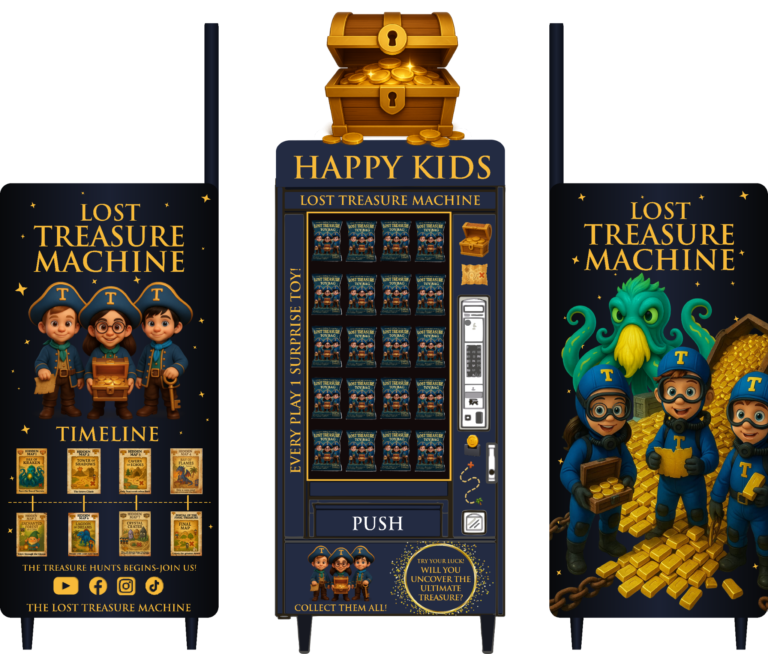 Diseño de los paneles de una máquina expendedora Happy Kids Lost Treasure Machine.