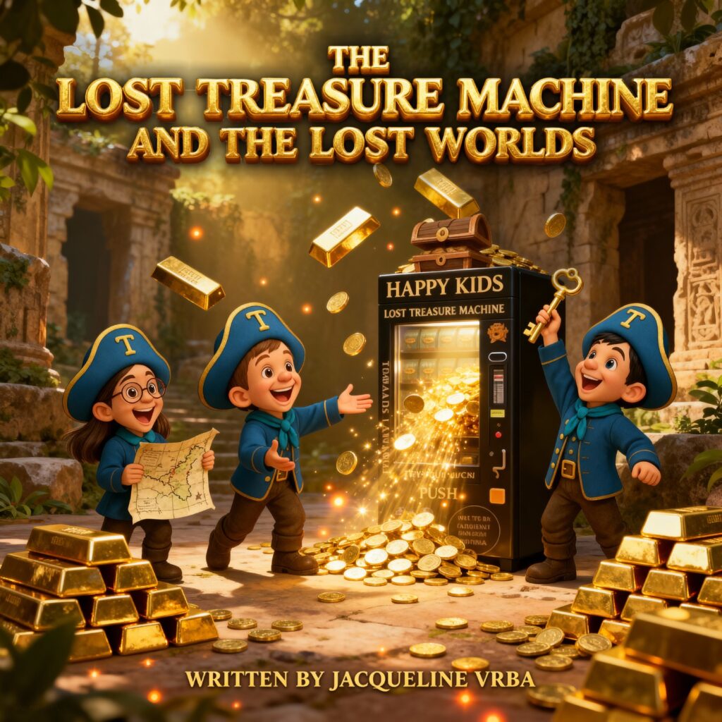 Portada de The Lost Treasure Machine and the Lost Worlds con personajes exploradores y un tesoro.