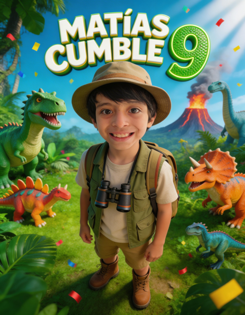 Diseño de cumpleaños de Matías con temática de explorador y dinosaurios.