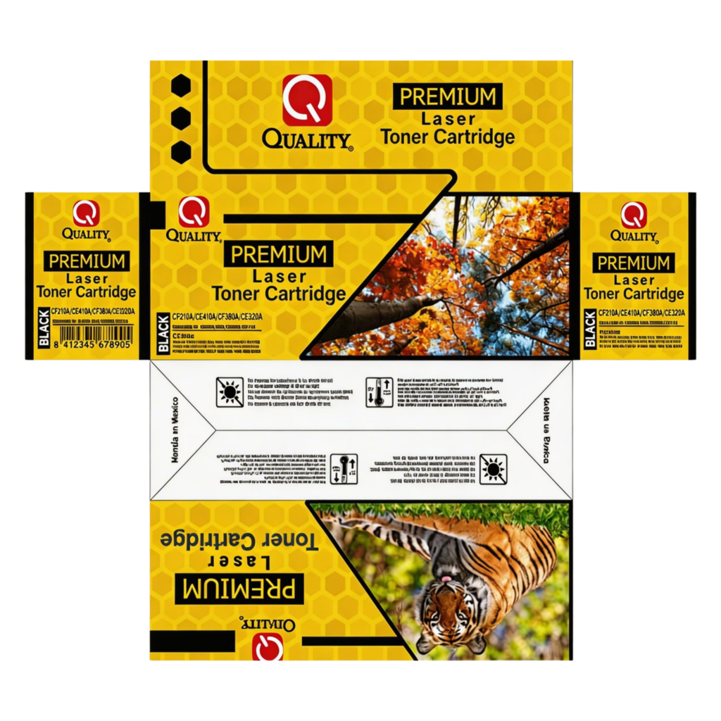 Diseño desplegado de un empaque amarillo y negro para un cartucho de tóner Quality.