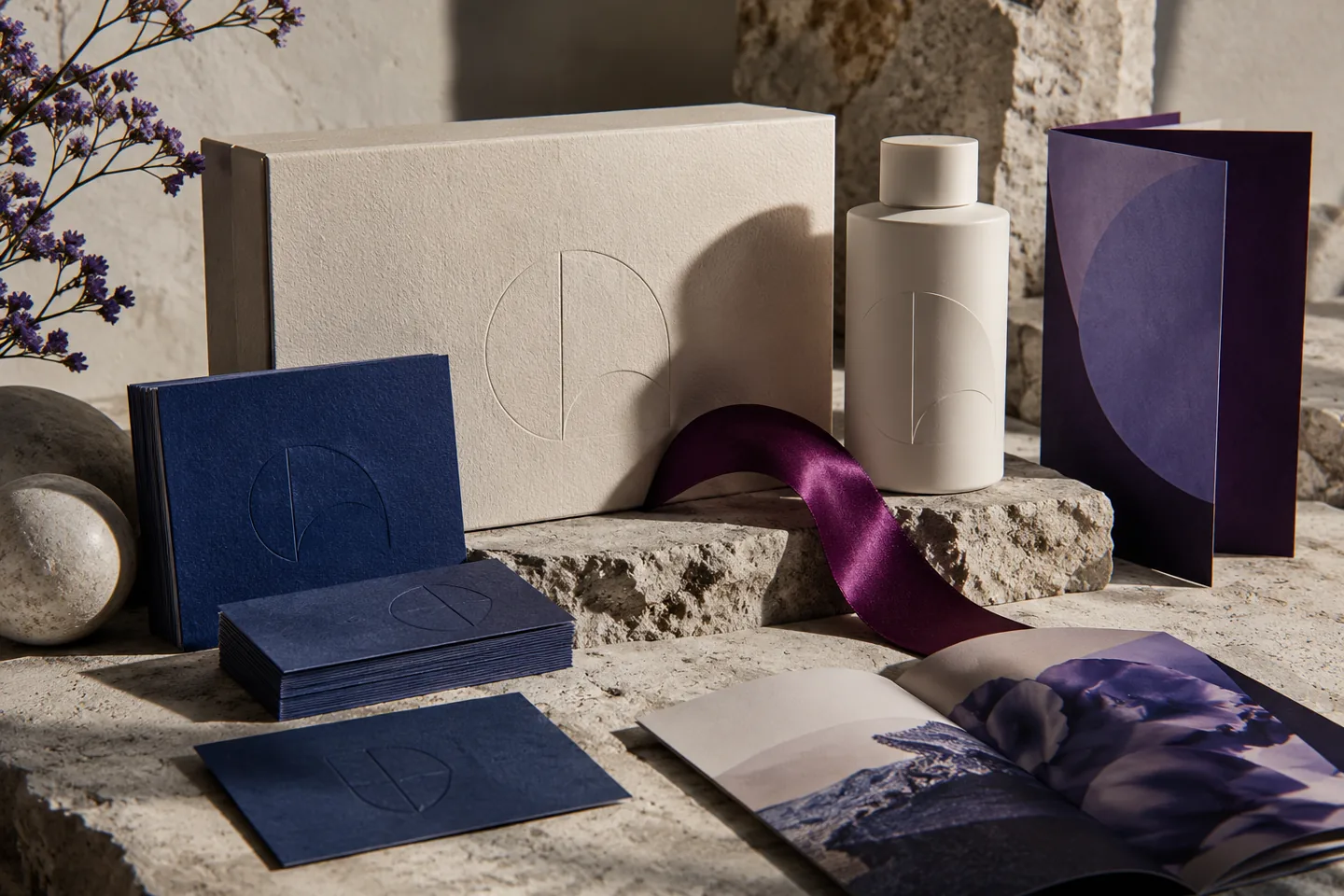 Concepto visual de identidad de marca con papelería y empaque en azul y violeta.
